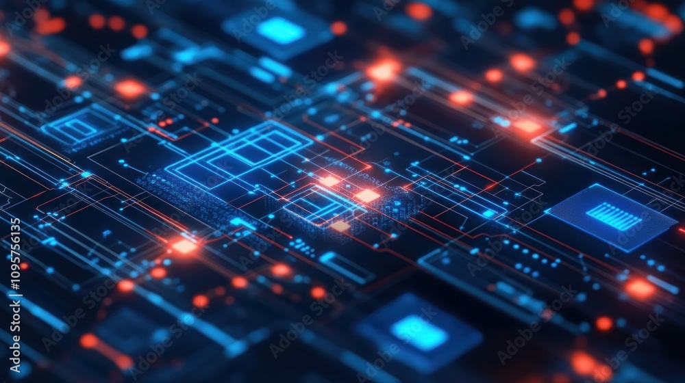 A digital circuit board design showcasing interconnected components and data flow. A digital circuit board design showcasing interconnected components and data flow.