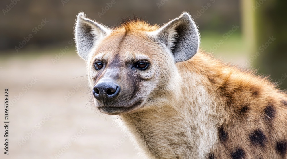 A close-up of a hyena showcasing its distinctive features and expression. A close-up of a hyena showcasing its distinctive features and expression.