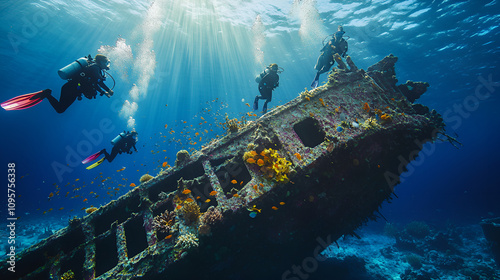 Exploring a vibrant underwater world scuba diving with tropical fish and a sunken ship illuminated by sunlight rays.