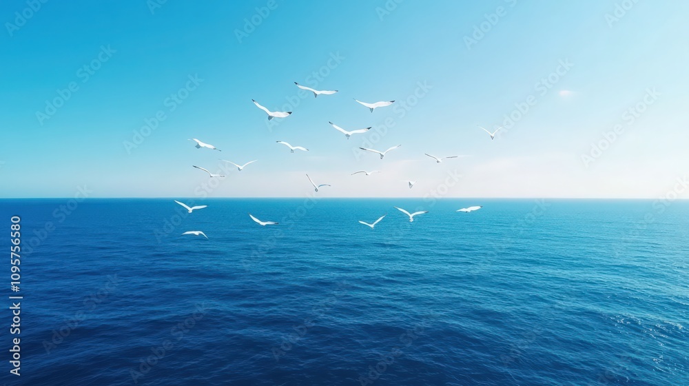 Fototapeta premium A flock of seagulls flying over the ocean