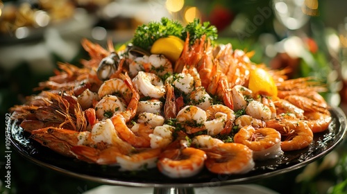 A lavish seafood platter featuring shrimp, garnished with lemon and herbs for a festive occasion.