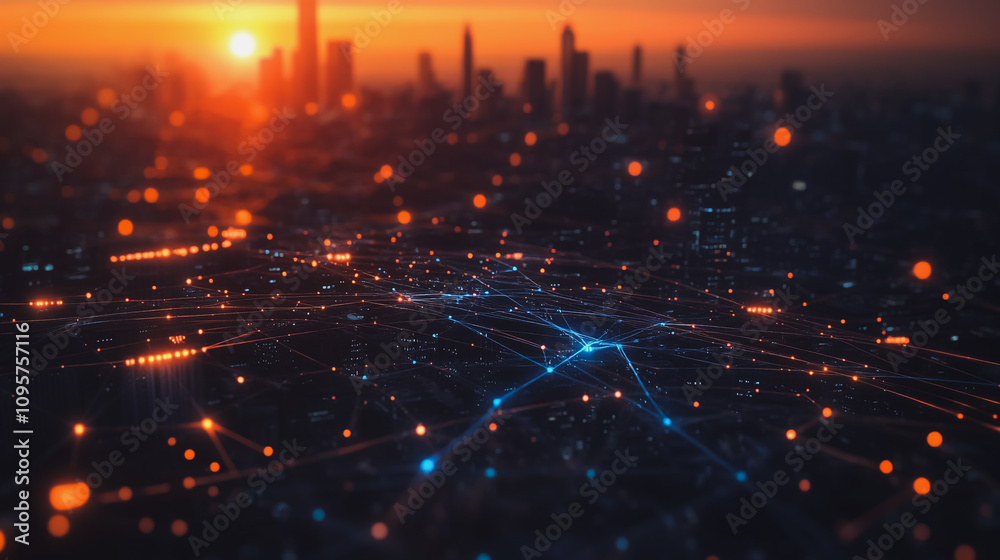 Smart digital city with connection Innovation network reciprocity over the sunset cityscape Concept of future wireless digital city and social media networking systems that connects business people Smart digital city with connection Innovation network reciprocity over the sunset cityscape Concept of future wireless digital city and social media networking systems that connects business people