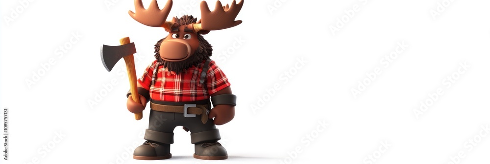 A cartoon moose character dressed as a lumberjack, holding an axe. A cartoon moose character dressed as a lumberjack, holding an axe.