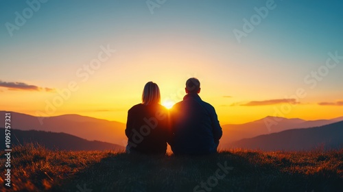 A couple is sitting on a grassy hillside, watching the sun set