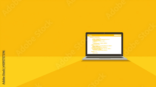 プログラミング作業をしているノートパソコンをフラットデザインで描いた黄色背景ミニマリストイラスト
