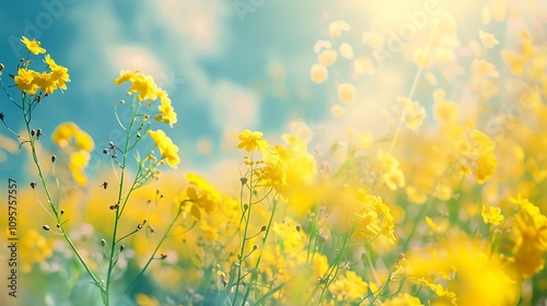 A vibrant field of yellow flowers illuminated by soft sunlight, creating a serene and uplifting atmosphere.