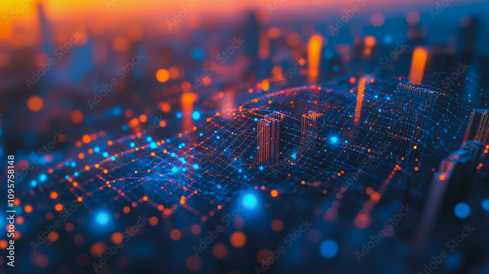 Fototapeta premium Smart digital city with connection Innovation network reciprocity over the sunset cityscape Concept of future wireless digital city and social media networking systems that connects business people