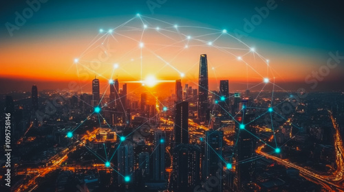 Wallpaper Mural Smart digital city with connection Innovation network reciprocity over the sunset cityscape Concept of future wireless digital city and social media networking systems that connects business people Torontodigital.ca