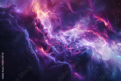 A breathtaking cosmic scene showcasing vibrant purple and blue nebulae filled with twinkling stars and swirling clouds of gas, evoking a sense of wonder.