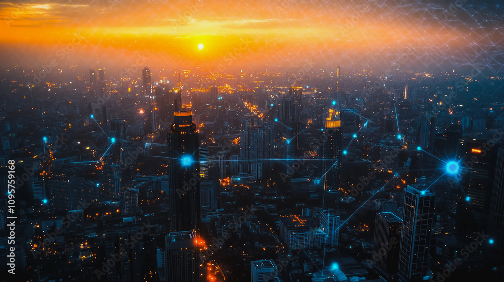 Fototapeta premium Smart digital city with connection Innovation network reciprocity over the sunset cityscape Concept of future wireless digital city and social media networking systems that connects business people
