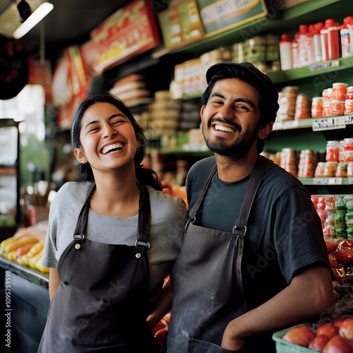 Joyful grocery store interaction between two workers urban market candid photography vibrant environment friendly viewpoint team spirit