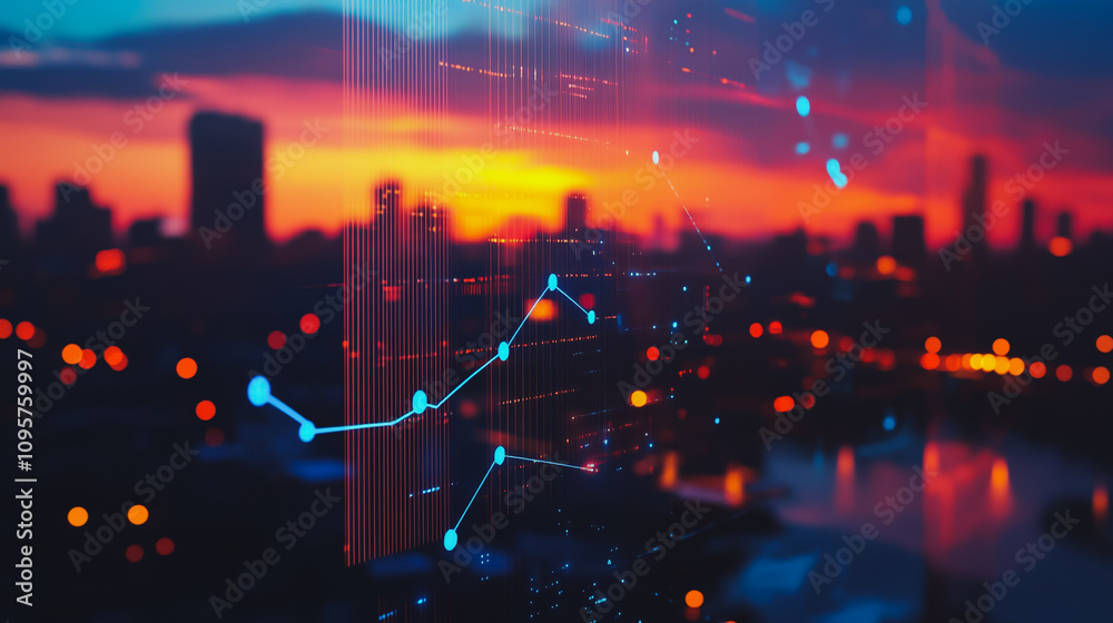 Obraz premium Smart digital city with connection Innovation network reciprocity over the sunset cityscape Concept of future wireless digital city and social media networking systems that connects business people