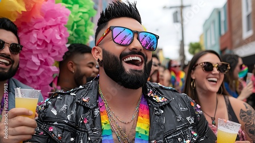 A Diverse Group of Friends Laughing and Enjoying a Colorful Celebration with Drinks in Their Hands Under Bright Decorations and a Joyful Atmosphere
