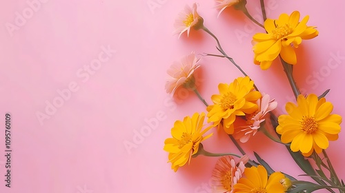 A vibrant arrangement of yellow and pink flowers against a soft pink background, creating a cheerful and fresh aesthetic.