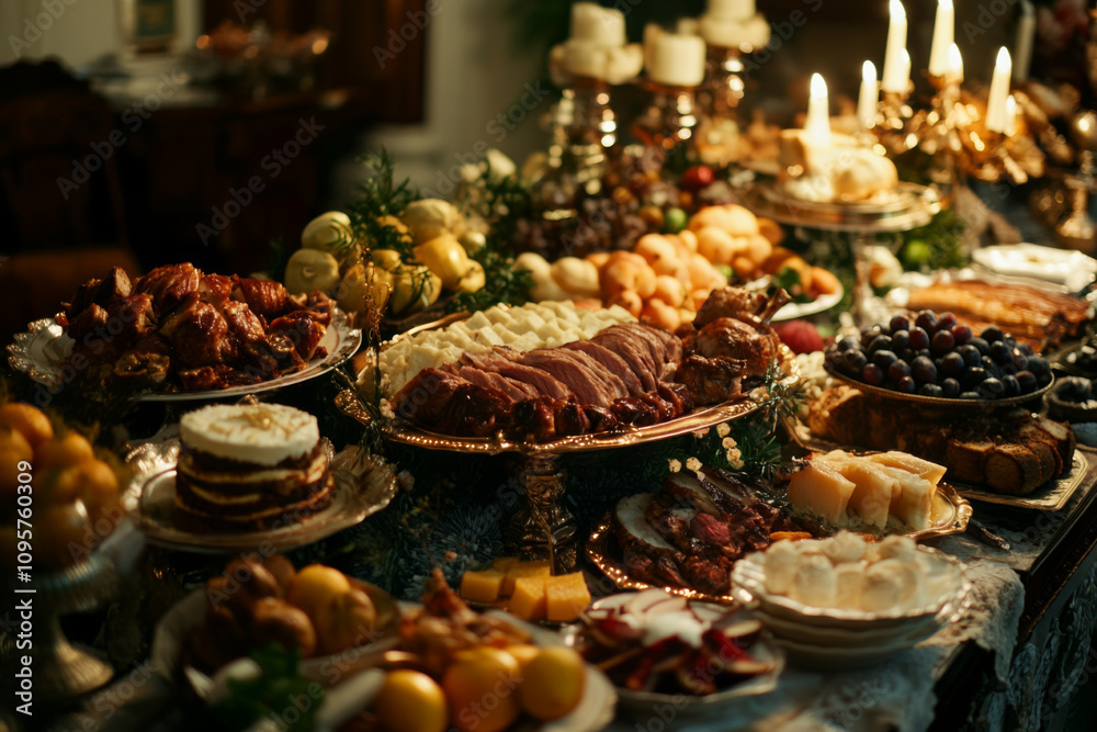 Fototapeta premium lavish banquet table filled with variety of delicious dishes, including roasted meats, fruits, and desserts, creating warm and festive atmosphere