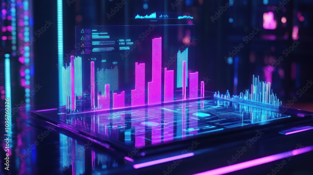 A futuristic holographic display showcasing data visualizations in vibrant colors. A futuristic holographic display showcasing data visualizations in vibrant colors.