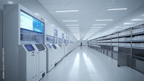 A modern automated pharmacy with machines dispensing medications in a sterile environment.