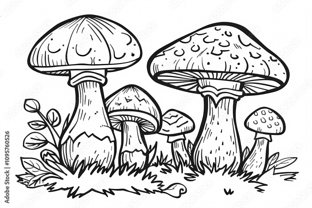 A whimsical illustration of various mushrooms nestled in grass, featuring intricate details and playful lines in a black and white design. A whimsical illustration of various mushrooms nestled in grass, featuring intricate details and playful lines in a black and white design.