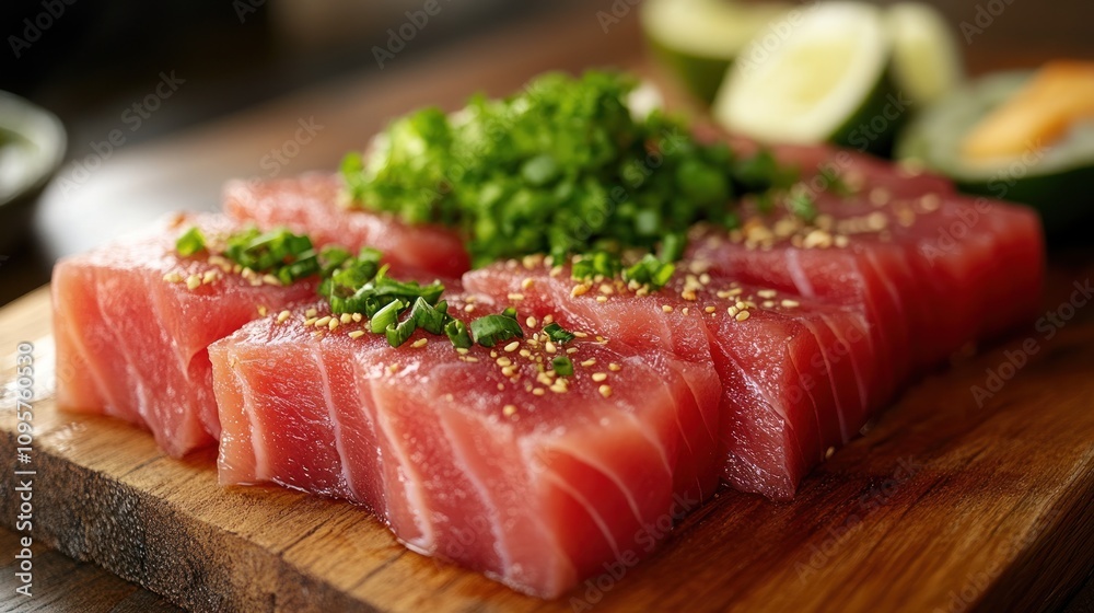 Fresh sashimi-style tuna with green onions and lime on a wooden board. Fresh sashimi-style tuna with green onions and lime on a wooden board.