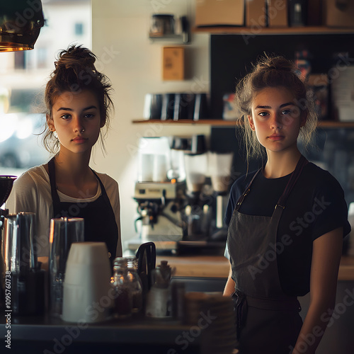 Two young baristas crafting coffee in a cozy cafe environment urban setting lifestyle photography engaging atmosphere
