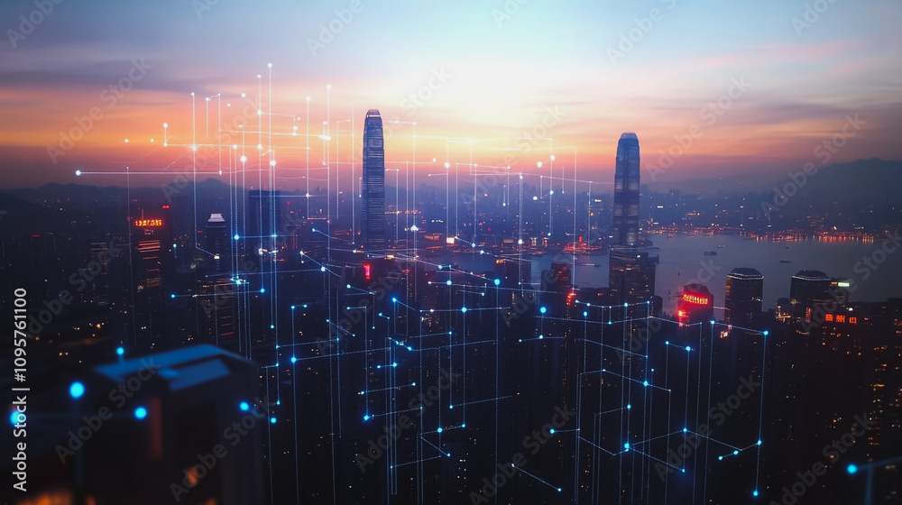 Fototapeta premium Smart digital city with connection Innovation network reciprocity over the sunset cityscape Concept of future wireless digital city and social media networking systems that connects business people