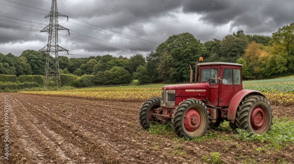 Fototapeta premium Vintage tractor in a field under a cloudy sky