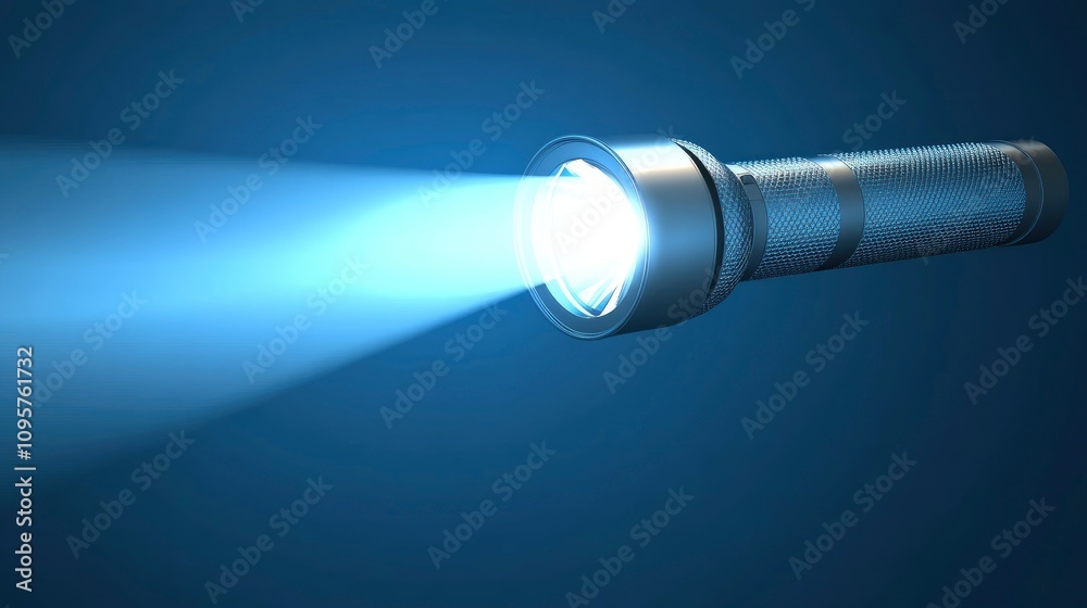Bright flashlight emitting blue light in a dark environment Bright flashlight emitting blue light in a dark environment