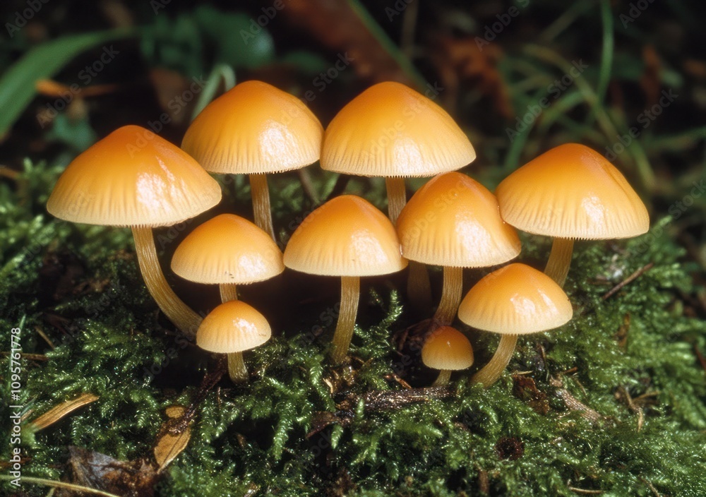 A cluster of small, bright orange mushrooms growing on moss. A cluster of small, bright orange mushrooms growing on moss.