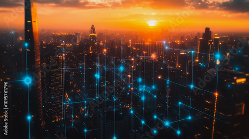 Smart digital city with connection Innovation network reciprocity over the sunset cityscape Concept of future wireless digital city and social media networking systems that connects business people