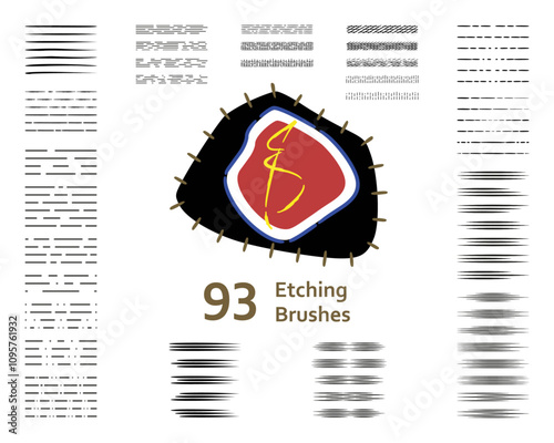 Set of 93 etching pattern brushes + 84 bonus brushes for illustrator, drawing, retro, vintage, shading, engraved, lino cut. Compatible with Adobe Illustrator CS6 and above.