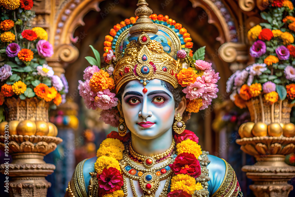 Close-up of a Hindu deity statue adorned with flowers and intricate jewelry. Close-up of a Hindu deity statue adorned with flowers and intricate jewelry.