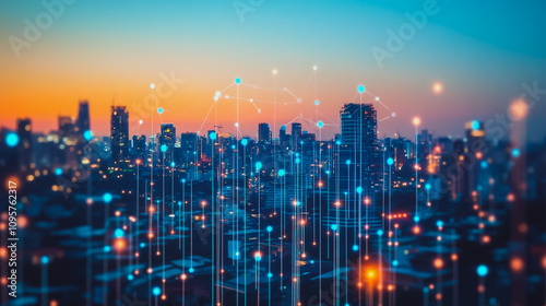 Smart digital city with connection Innovation network reciprocity over the sunset cityscape Concept of future wireless digital city and social media networking systems that connects business people