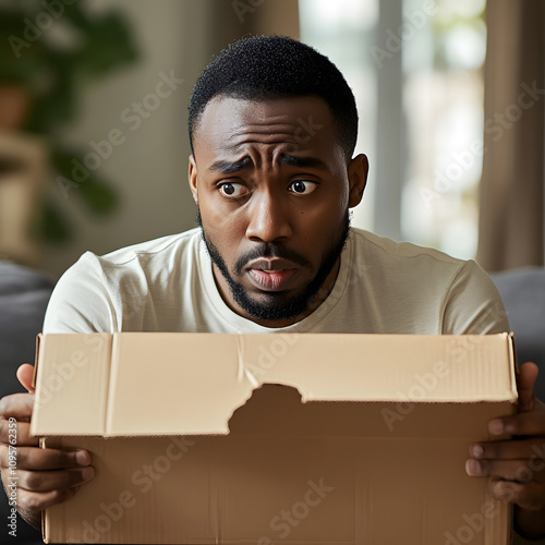 Disappointed client unboxes underwhelming product at home emotional response indoor setting personal experience