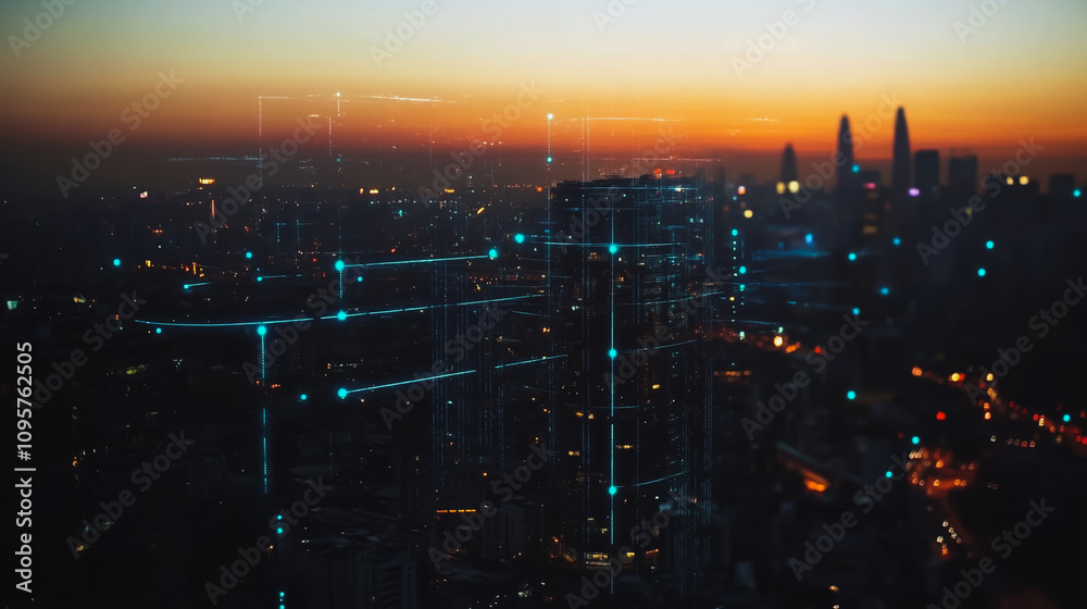 Naklejka premium Smart digital city with connection Innovation network reciprocity over the sunset cityscape Concept of future wireless digital city and social media networking systems that connects business people