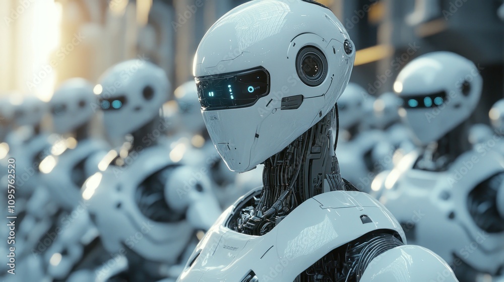 Fototapeta premium A line of futuristic robots with sleek designs and glowing eyes, showcasing advanced technology.