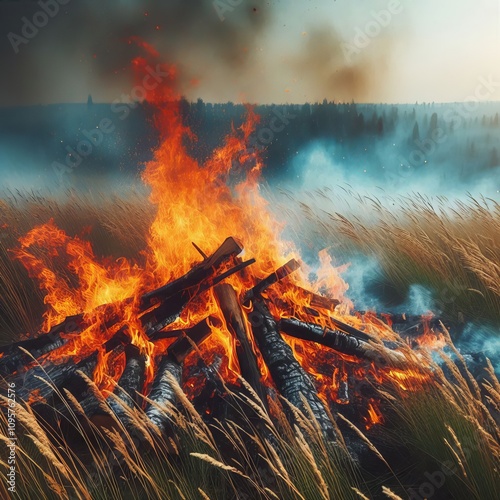 A fire burning in a grassland Ecology The role of fire in mainta photo