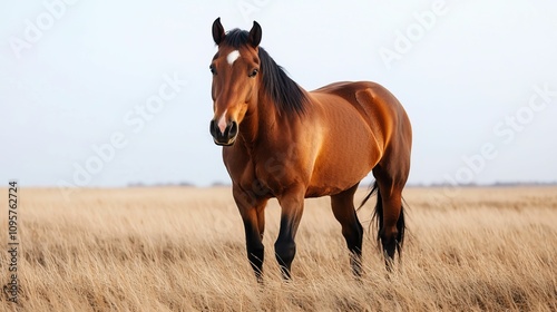 freedom movement and authentic, A majestic brown horse stands gracefully in a golden field, under a clear sky, embodying beauty and strength.