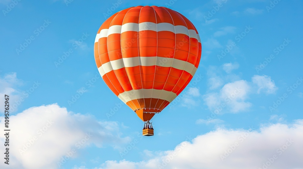 Naklejka premium freedom movement and authentic, A vibrant orange hot air balloon floats against a bright blue sky, surrounded by fluffy white clouds.