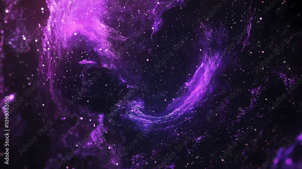 Obraz premium Vibrant purple and blue galaxy swirls surrounded by millions of twinkling stars, shining bright against a dark black cosmic background with subtle nebula textures. Whirling Cosmic Galaxy. Illustration