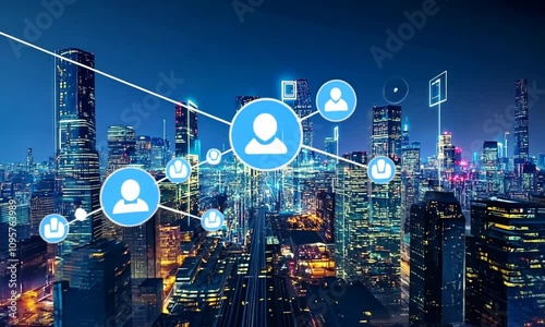 Futuristic city at night with glowing lines and digital interfaces.