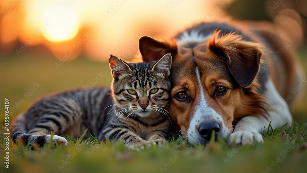 A tabby cat and a brown and white dog lay in the grass together at sunset. A tabby cat and a brown and white dog lay in the grass together at sunset.