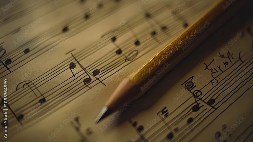 Fototapeta premium Close-up of pencil on sheet music with musical notes