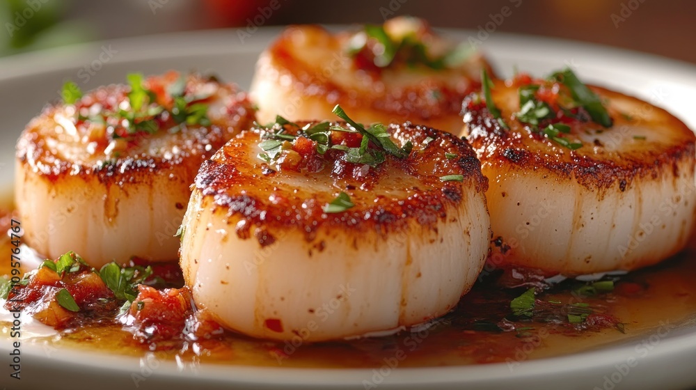A plate of beautifully seared scallops garnished with herbs and sauce. A plate of beautifully seared scallops garnished with herbs and sauce.