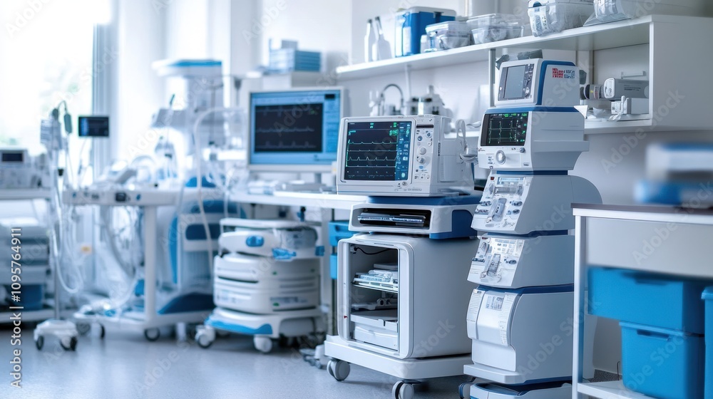 A modern medical facility equipped with various monitoring and treatment devices. A modern medical facility equipped with various monitoring and treatment devices.