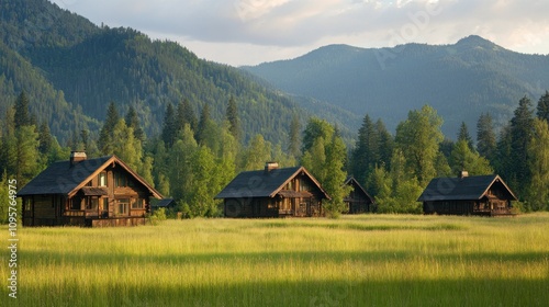 Three wooden cabins sit on a grassy field in front of a mountain range.