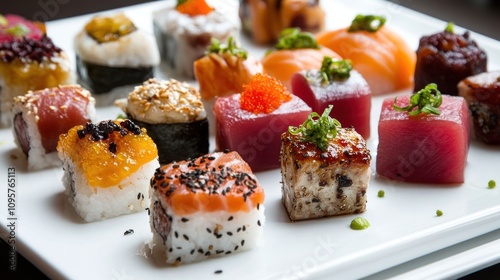A beautifully arranged platter of various sushi pieces, showcasing vibrant colors and textures.