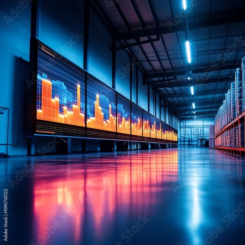 High-tech warehouse interior with data visualization on large screens.