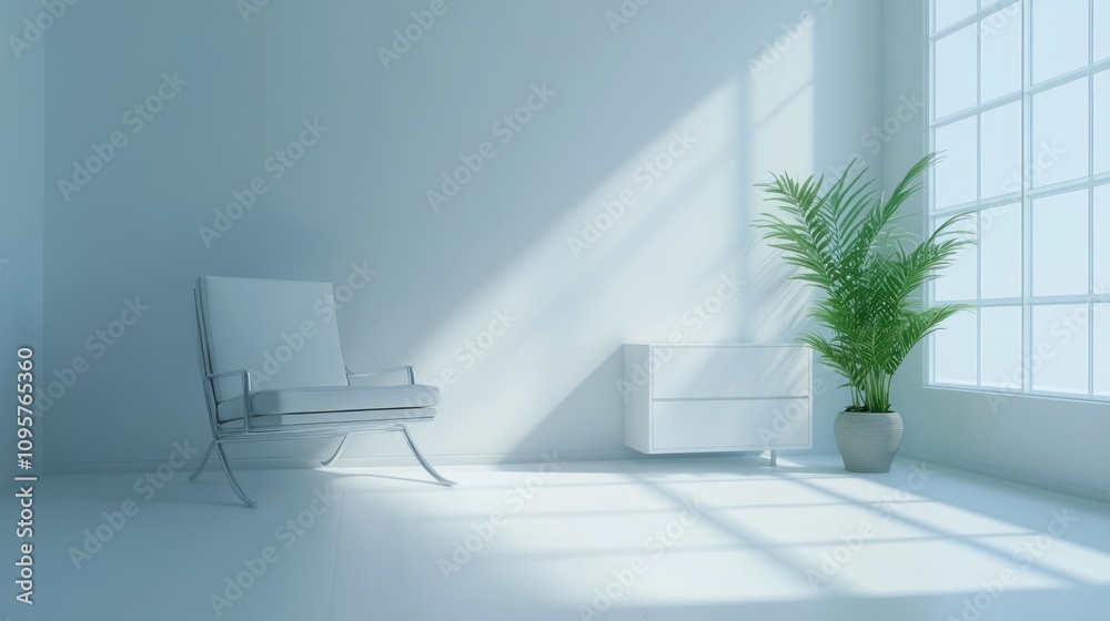 Minimalist living room with white armchair, plant, and side table. Minimalist living room with white armchair, plant, and side table.