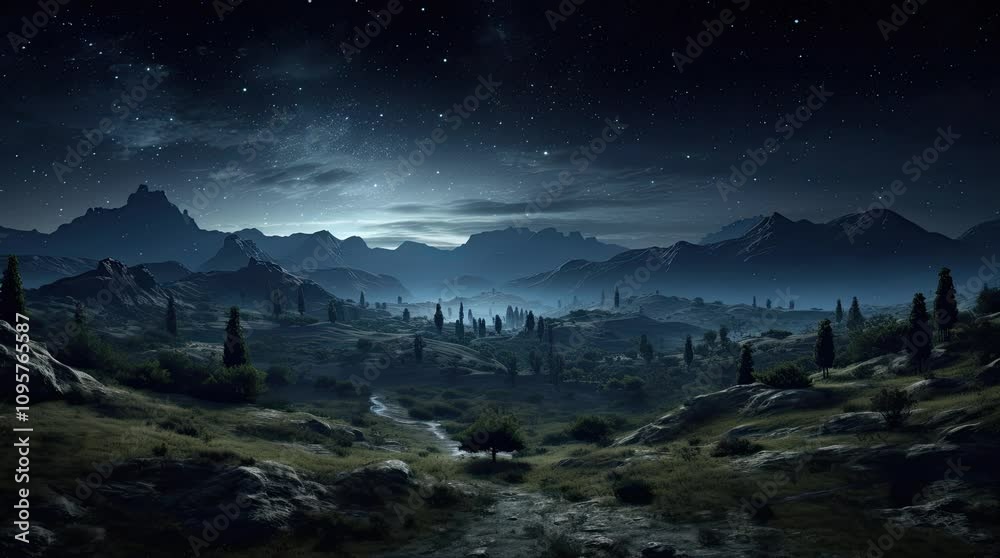 A natural landscape with a shooting star in the night sky. 4K animated video