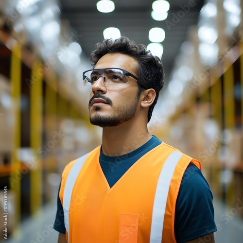 Warehouse worker in safety gear, looking up thoughtfully, focused on tasks.